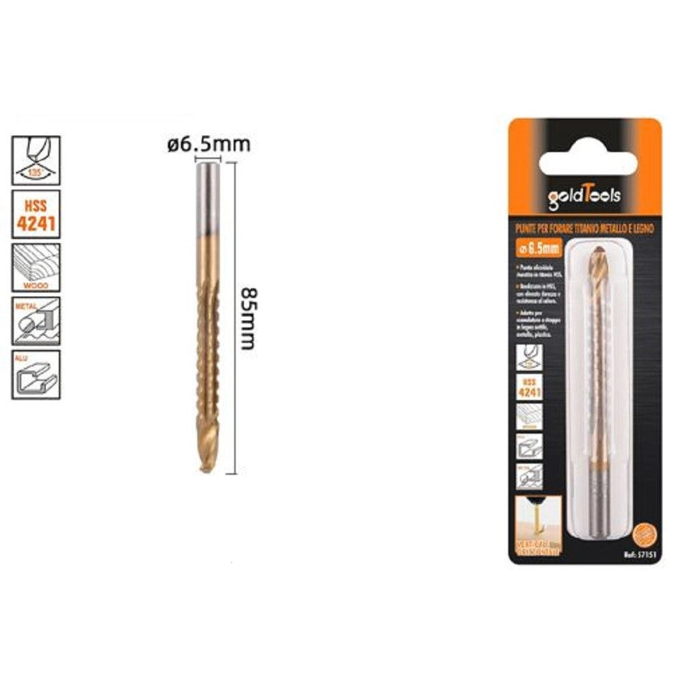 Trade Shop - Punta Trapano Elicoidale ø6.5mmx85mm In Titanio Hss 4241 Per Metallo Legno 57151 -
