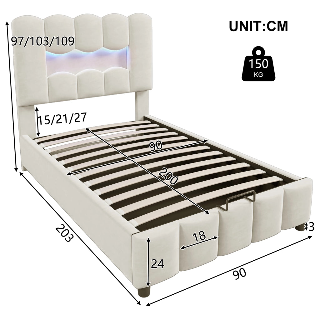 LETTO Contenitore 90x200 cm in velluto beige con LED e testiera regolabile