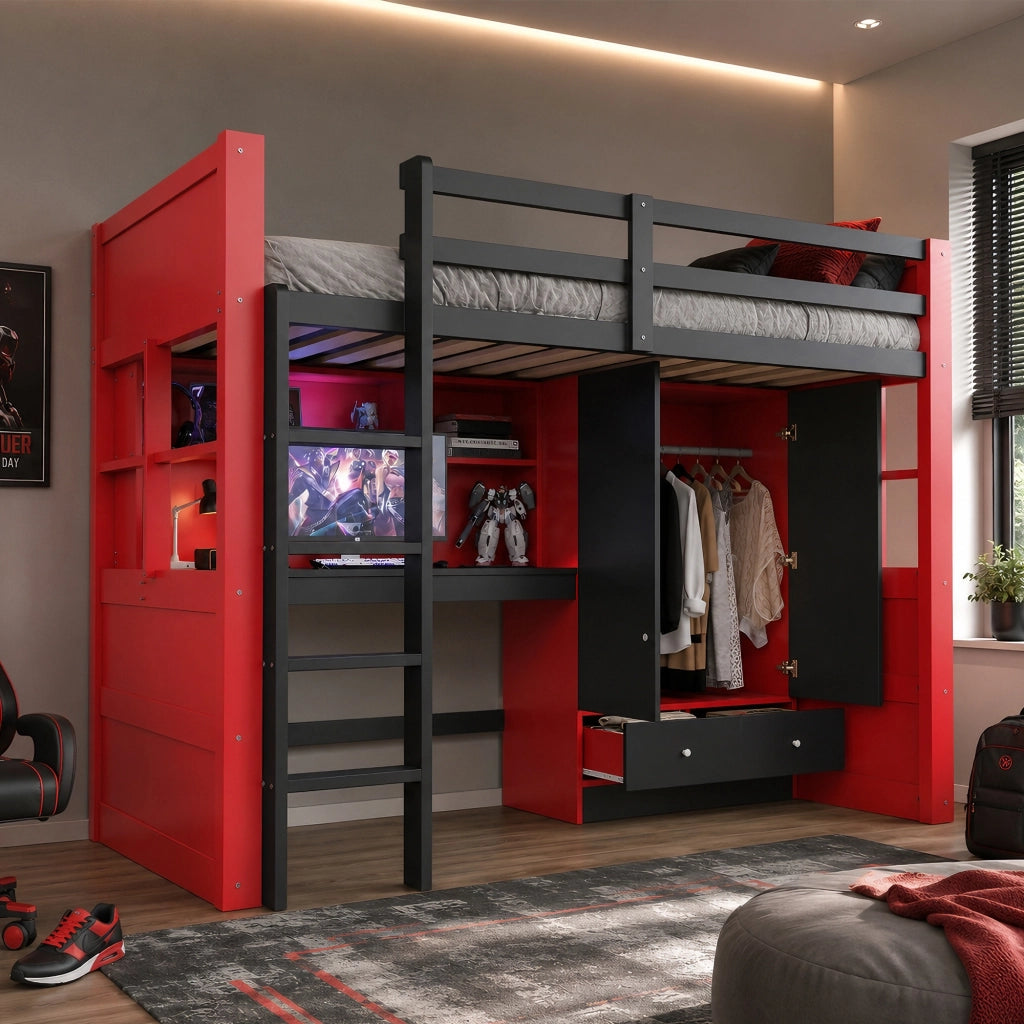 DESMIU Litto a soppalco 90 × 200 cm con scrivania, ripiani, LED e prese, senza materasso, in legno nero e rosso