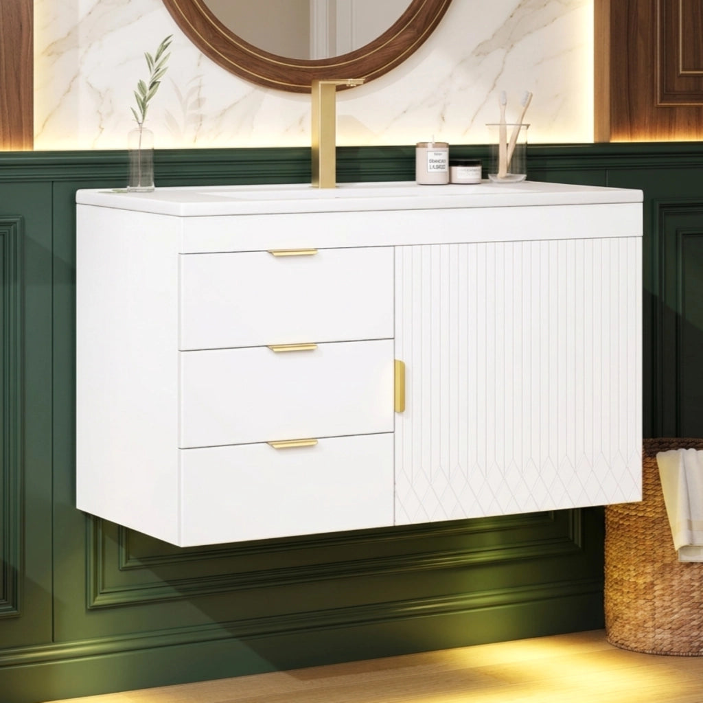 Mobile sottolavabo con LED e lavabo in ceramica, 2 cassetti e vano laterale, per bagno, bianco, 77 × 47 × 51 cm