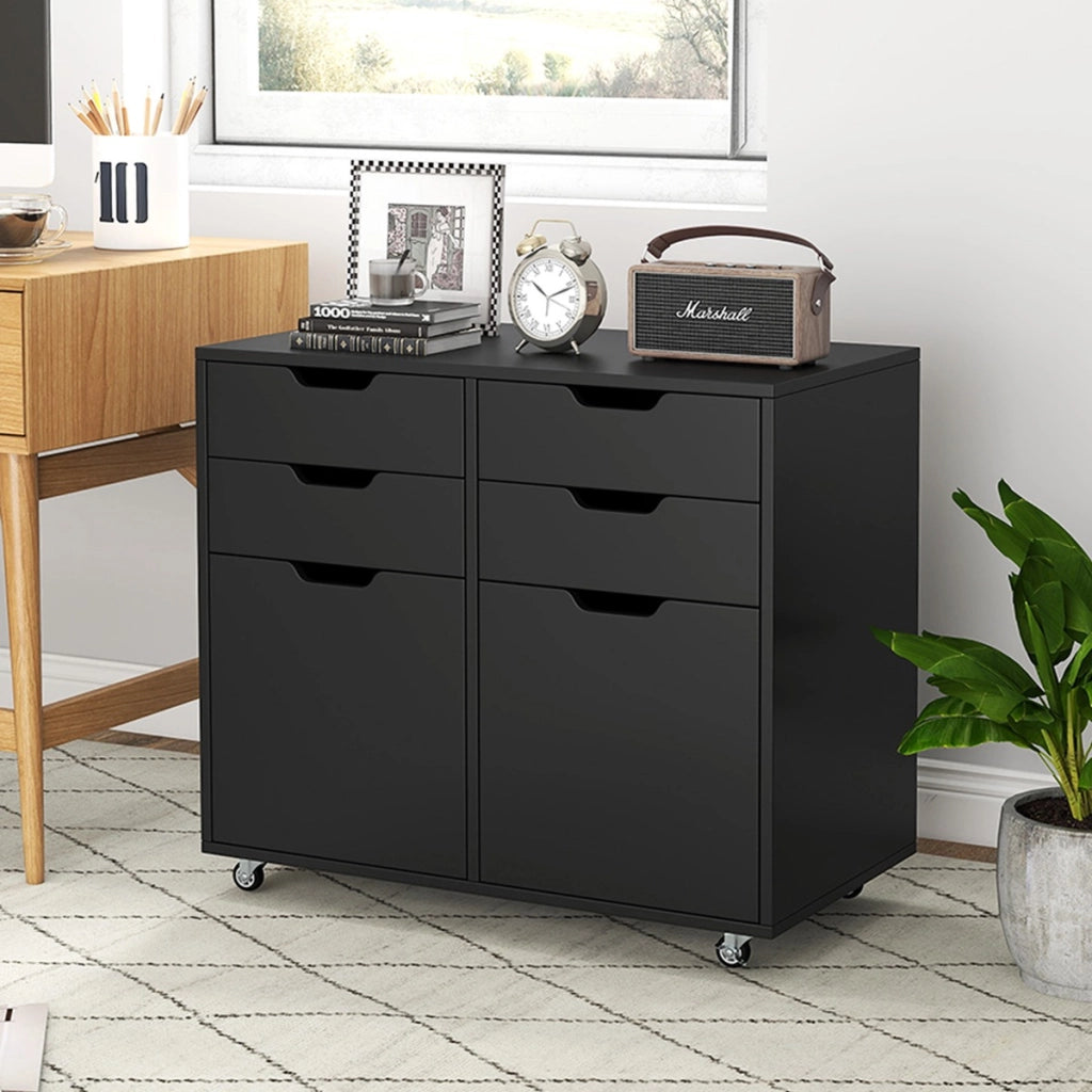 Mobiletto di stoccaggio in legno con 5 ruote universali, Supporto per stampante con 4 cassetti per ufficio Nero-Cassettiere
