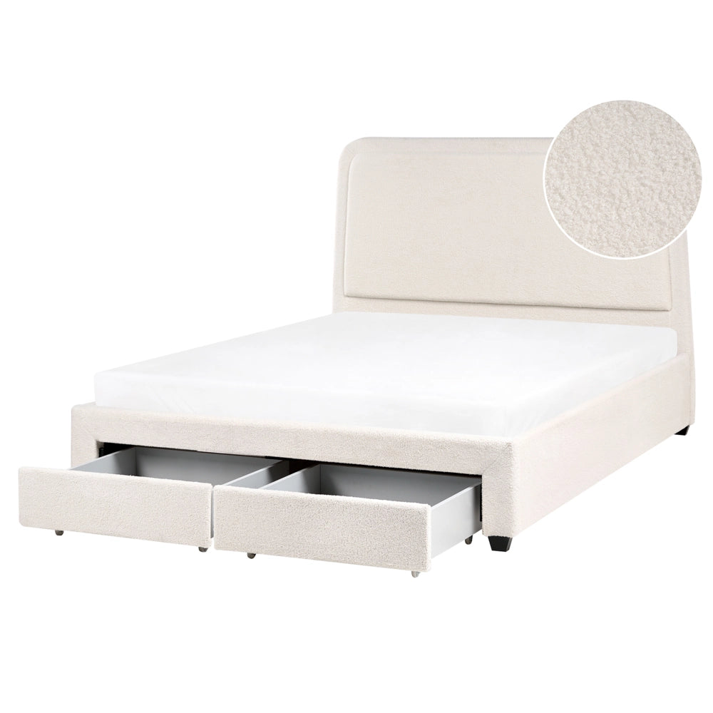Letto imbottito in bouclé bianco sporco 160 x 200 cm Design scandinavo con morbidi cassetti sulla testiera