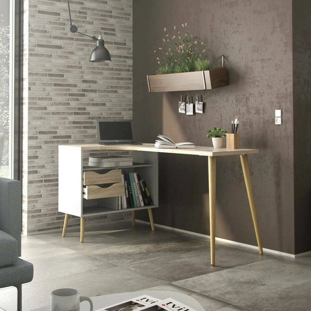 Scrivania Katherine, Scrittoio multiuso, Tavolo per ufficio porta PC, Piano di lavoro, 145x81 h76 cm, Bianco e Quercia