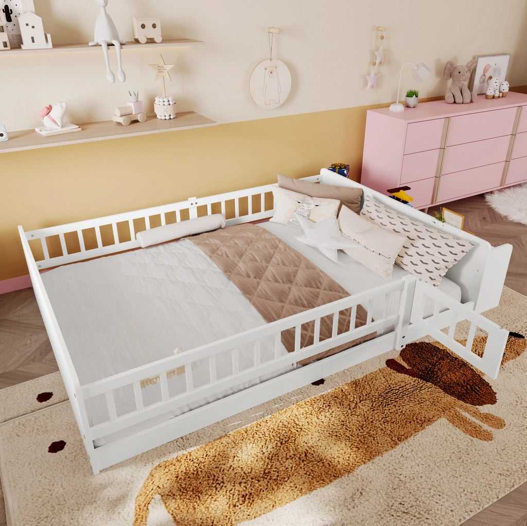 LETTO Bambino 140x200 cm Pino Bianco con ripiani e porta apribile