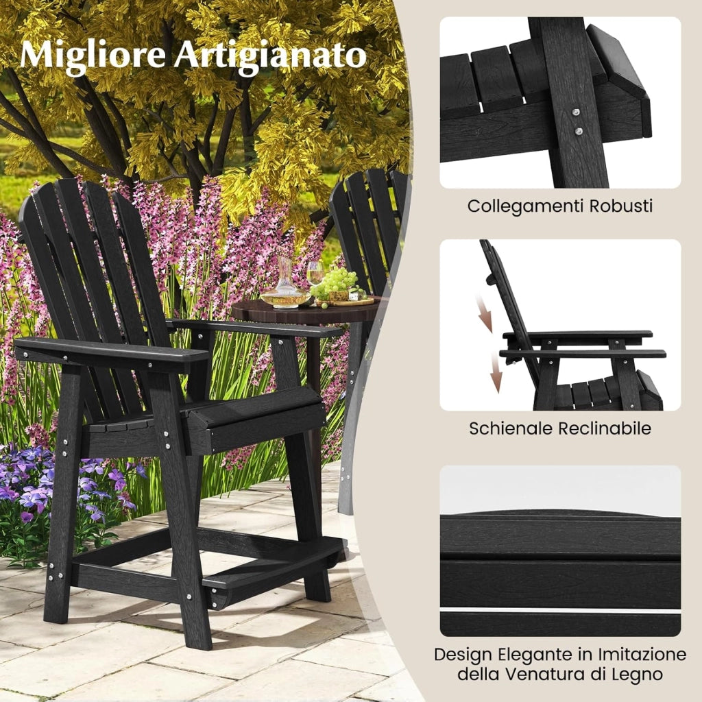 Sedia da Bar per Esterni, Sedia in HDPE con Braccioli, Sedia da Giardino con Poggiapiedi, Sedia con Schienale Alto per Giardino, Bordo Piscina, 70 x 85 x 119 cm (Nero)