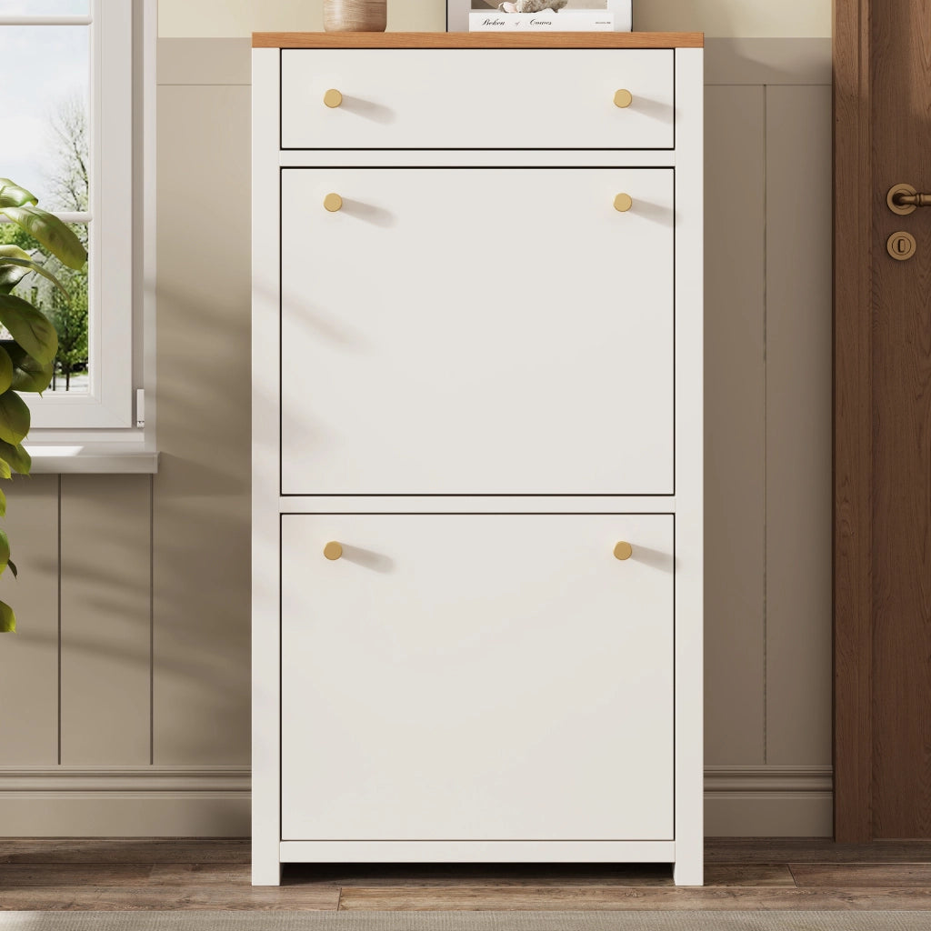 Scarpiera slim con 2 ante a ribalta, cassetto e ripiani regolabili, per ingresso, in MDF, bianco effetto legno, 50 × 25 × 95 cm