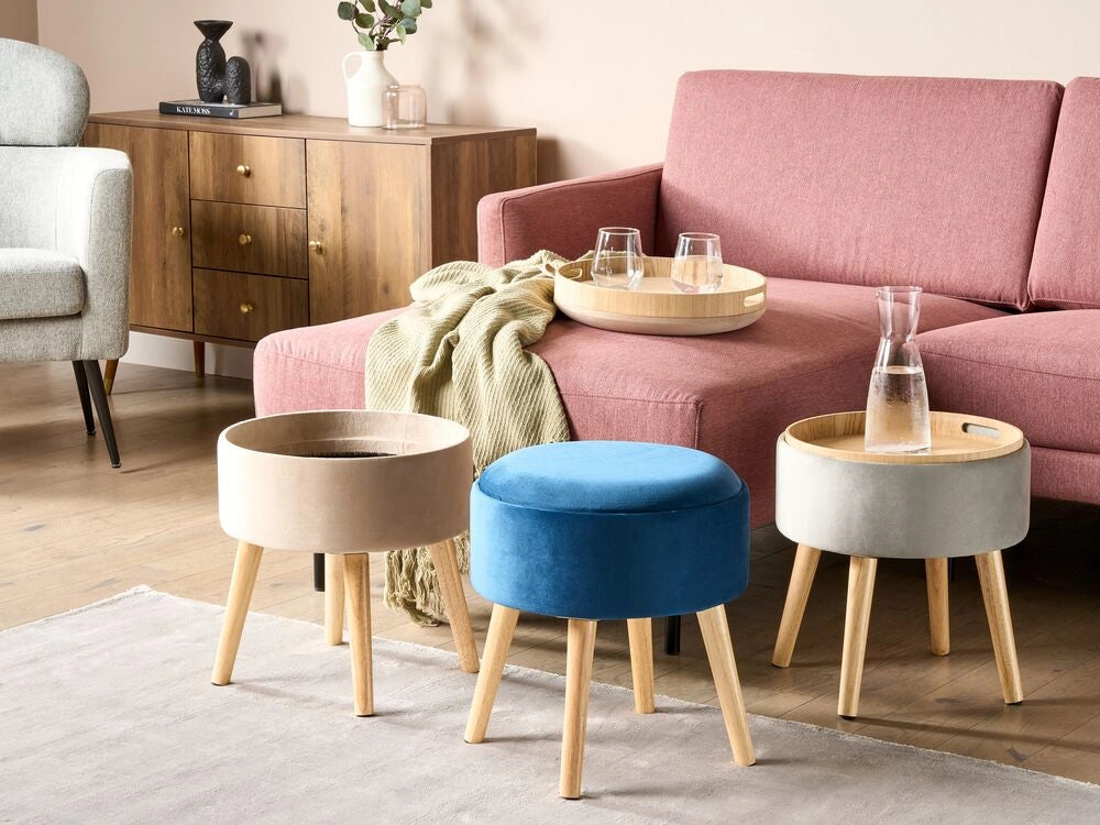 Pouf in velluto imbottito blu con vassoio contenitore stile glamour elegante soggiorno camera da letto