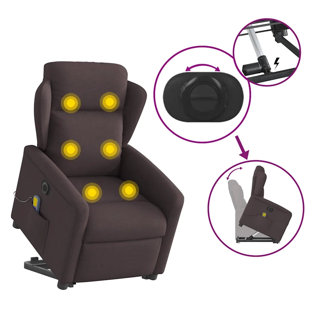 vidaXL Poltrona Alzapersona Massaggio Elettrica Marrone Scuro Tessuto