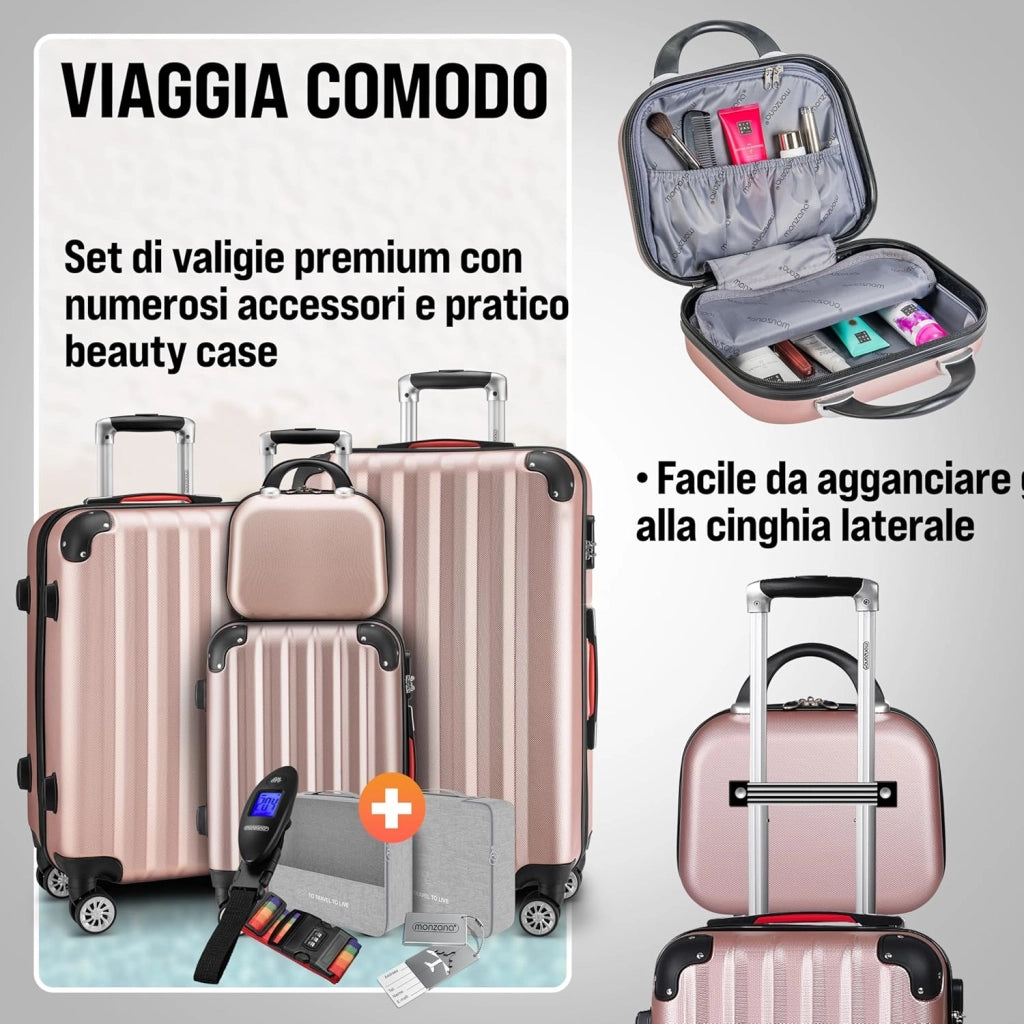 Set Valigie Rigide 4pz con Beauty Case incl. Lucchetto Organizer Bilancia Trolley Bagaglio Rosa