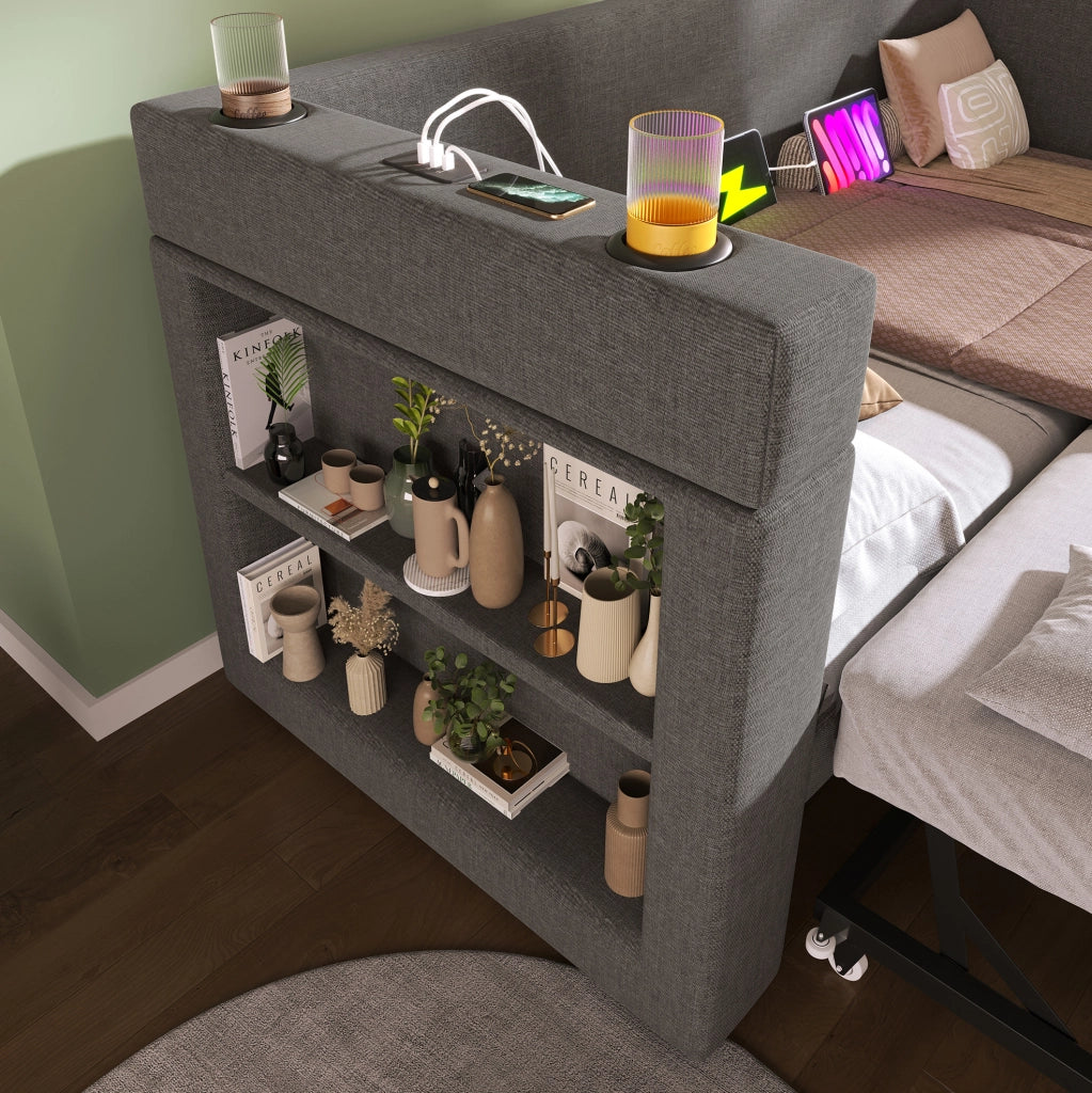 Divano letto con letto estraibile 90x190 cm; 3 USB; Type-C; grigio