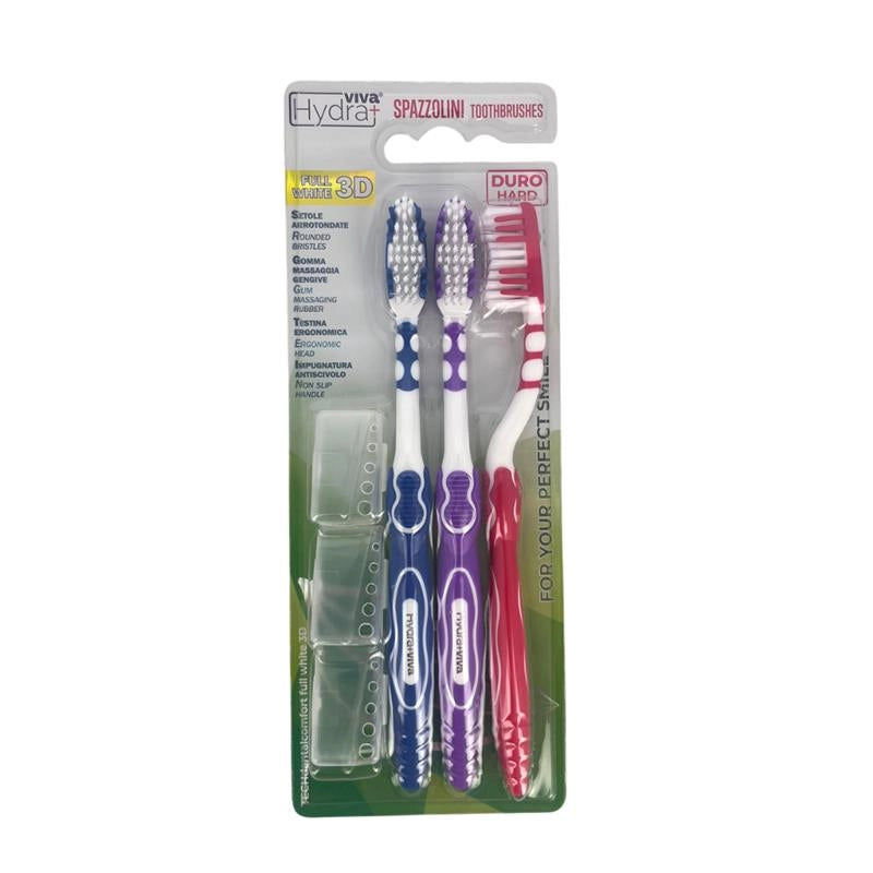 HYDRA VIVA SET 3 SPAZZOLINI SETOLE ARROTONDATE GOMMA MASSAGGIA GENGIVE TESTINA ERGONOMICA IMPUGNATURA ANTISCIVOLO COLORI ASSORTITI