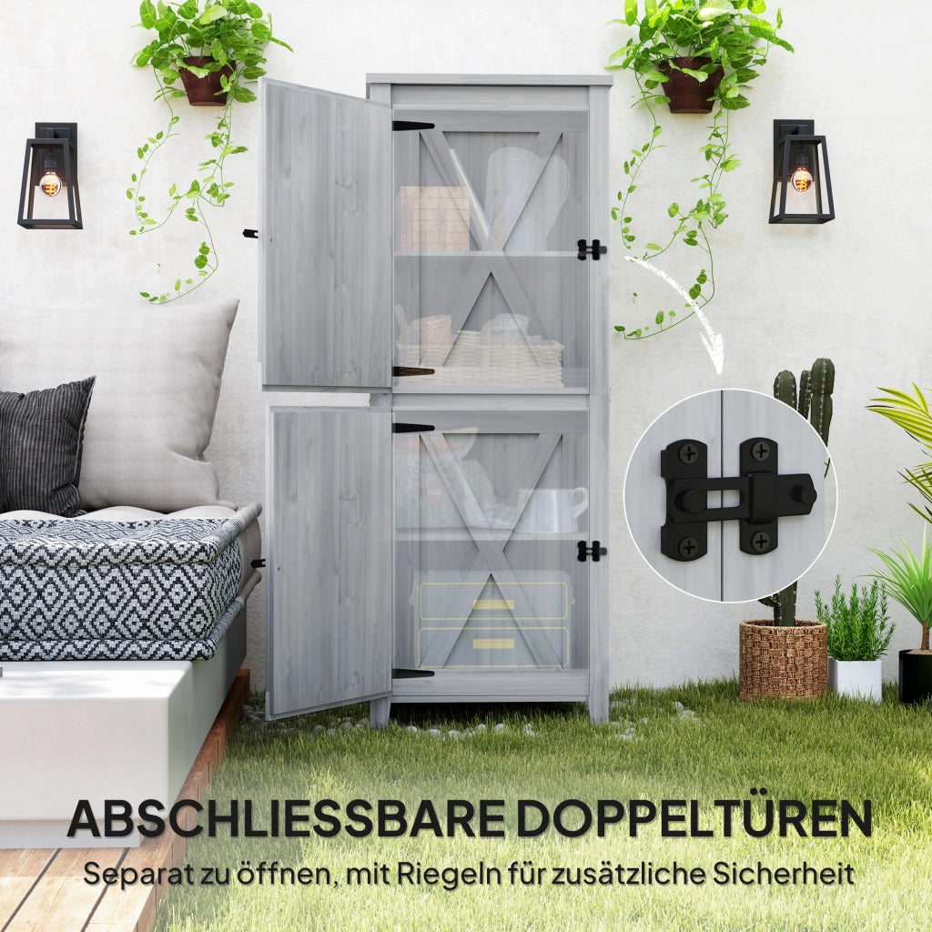 OKWISH Armadio da Giardino con Doppia Porta con Chiavistello e 2 Ripiani Rimovibili, in Legno, Grigio Chiaro, 60 × 60 × 160 cm