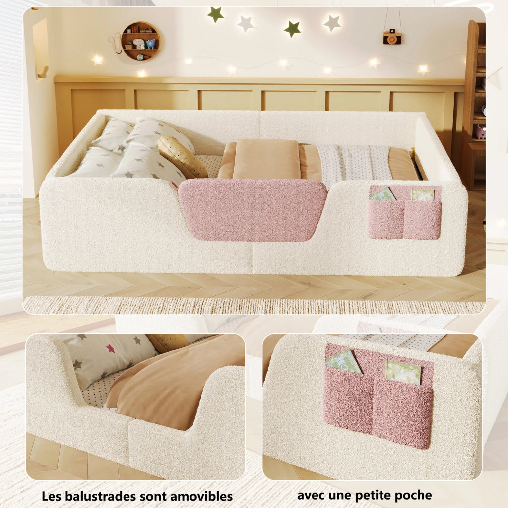 OKWISH Letto con barriera 140×190 cm, Letto Matrimoniale con Sponde Rimovibili e Tasca Portaoggetti, senza Materasso, in Velluto, Beige