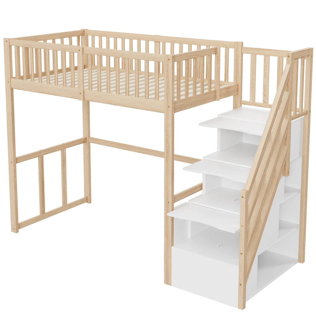 Letto a soppalco Letto Singolo con scala contenitore e scrivania; 90 × 200 cm; senza materasso; Legno Naturale