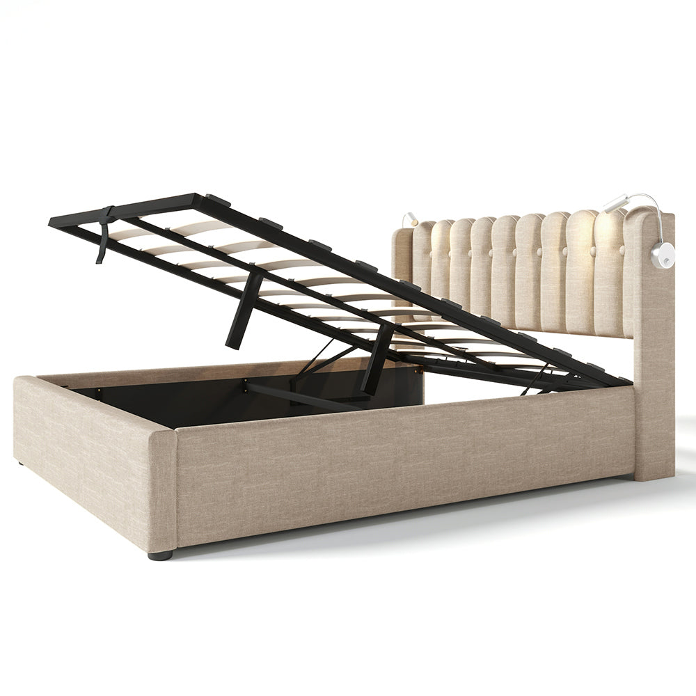 Letto a cassone imbottito 140x200 cm - Xylo - Beige con funzione di carico e due lampade da lettura