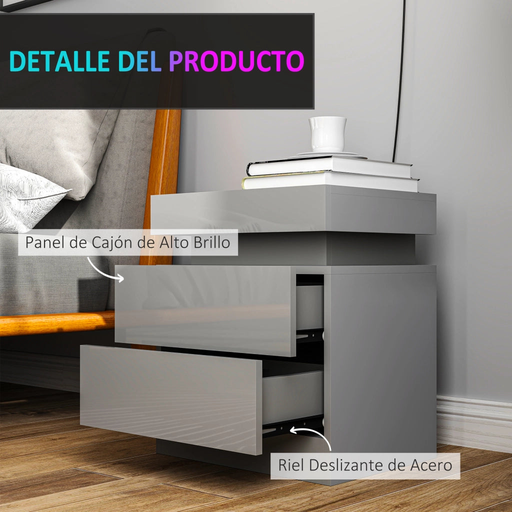 Comodino con Luci LED e 2 Cassetti ¨C zephmum ¨C Grigio 45x35x52 cm
