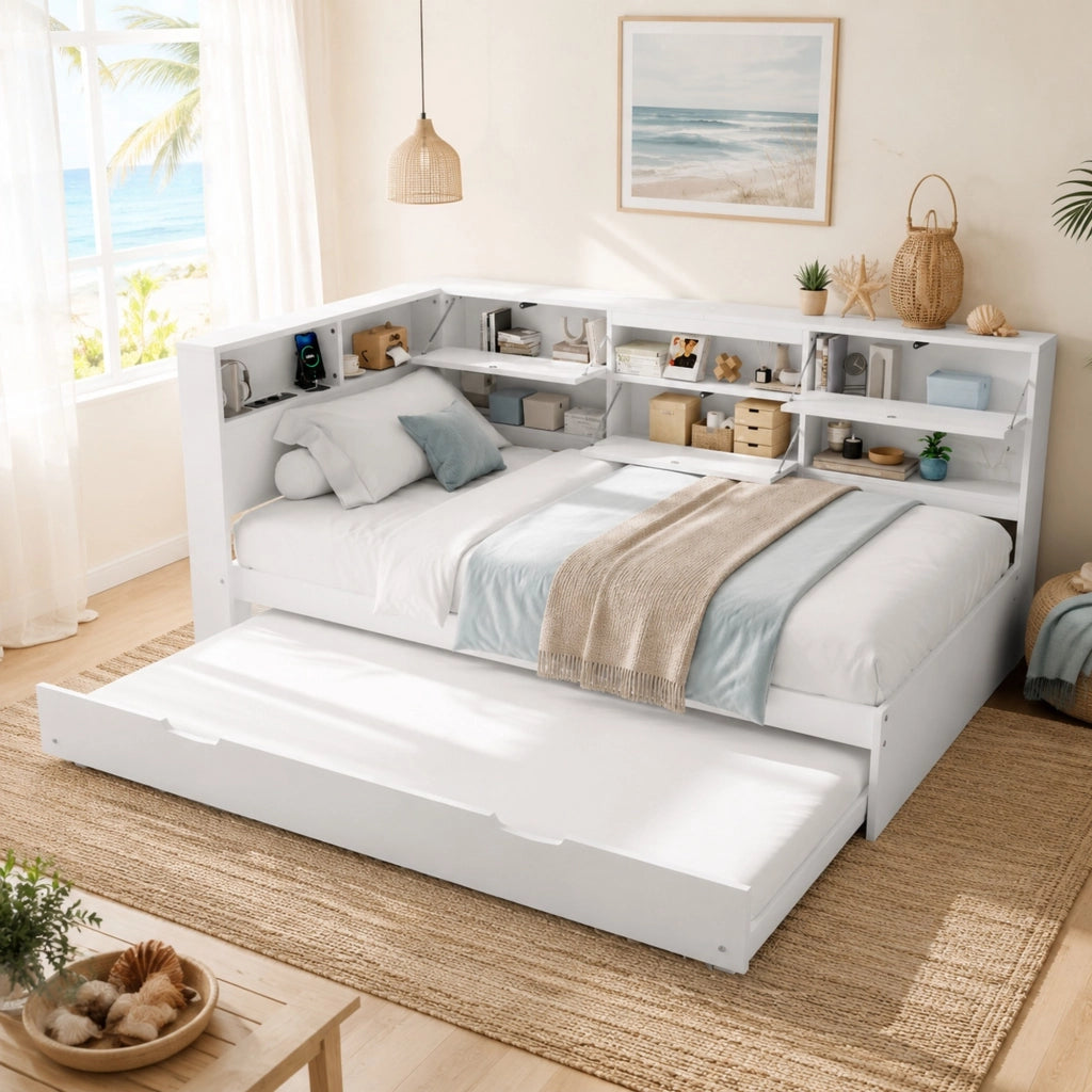 Daybed con letto estraibile 90x200 cm; testiera con vano contenitore e USB/Type-C; bianco