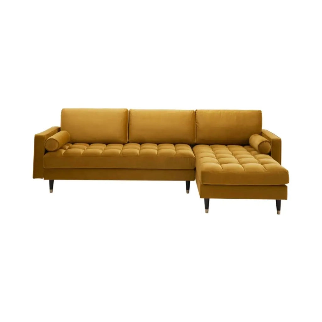 Divano ad angolo KOLIRI giallo senape – 4 posti – Angolo destro – Divano design in velluto e legno massiccio