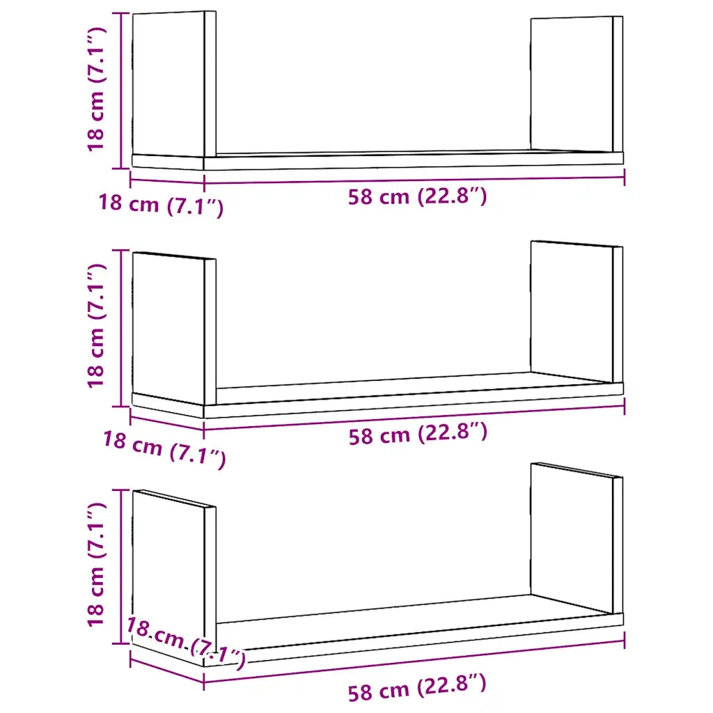 vidaXL Mensole Parete 3pz Rovere Artigianale 58x18x18 cm in Truciolato