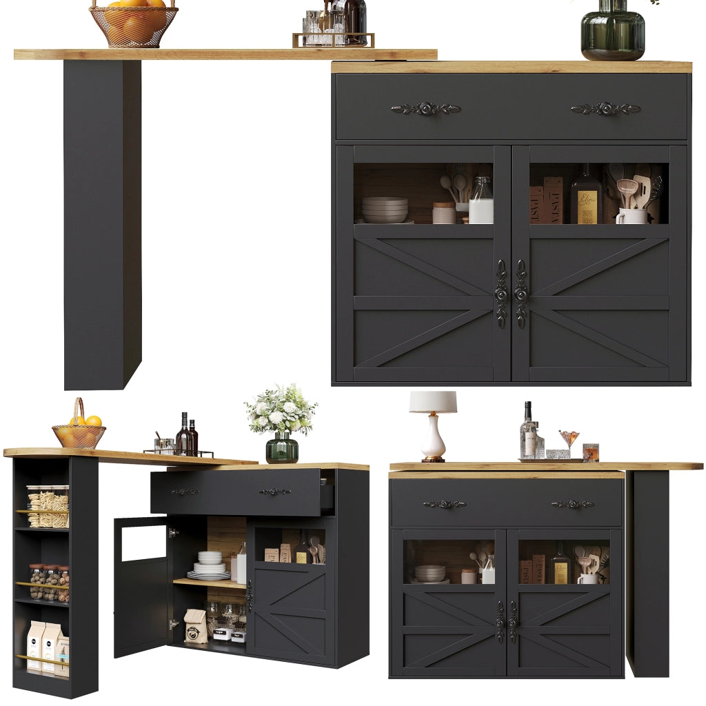 Tavolo da Pranzo Allungabile con 1 Cassetto; 3 Ripiani e Rotazione a 360 Gradi; in MDF; Nero; 138-204x39x104 cm
