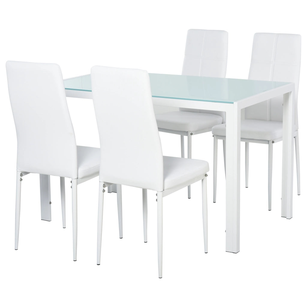 EasyComfort Set 5 Pezzi con 1 Tavolo e 4 Sedie per Cucina o Sala da Pranzo in Finta Pelle, Metallo e Vetro Temperato, Bianco