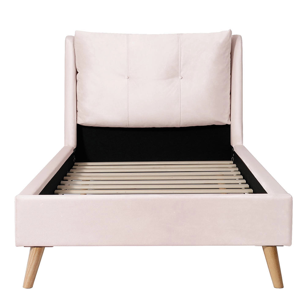 Letto imbottito-Xylo-90x200cm testiera velluto piedi legno massiccio rosa