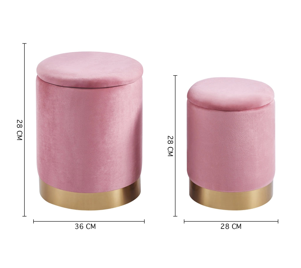 Set Di 2 Pouf Contenitore In Velluto Design Moderno Poggiapiedi,Sgabello Tondo con Coperchio Rimovibile e Seduta Imbottita Alta Densità Con Fascia In Metallo Capiente Storage Box  - Rosa Antico