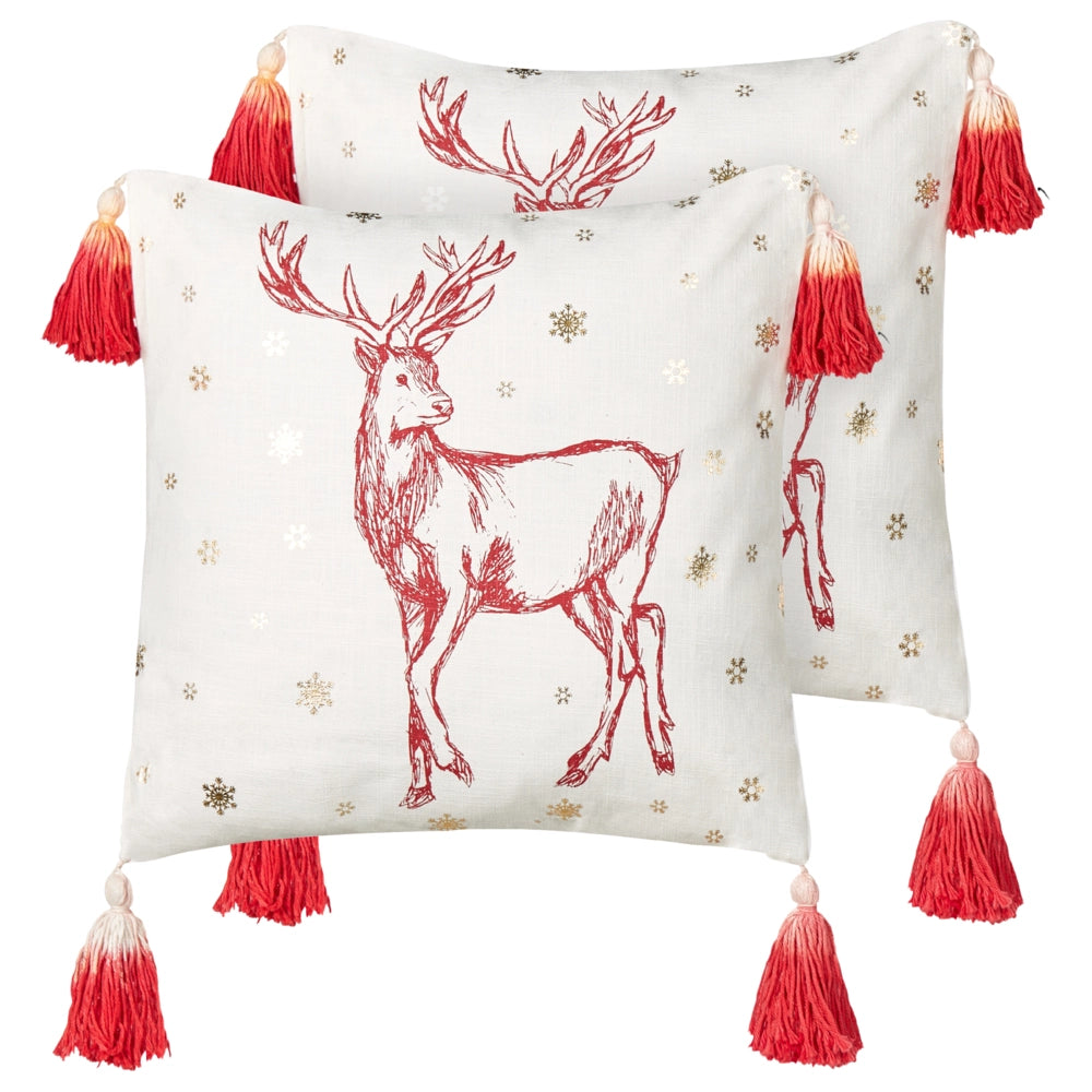 Set di 2 cuscini decorativi in cotone bianco rosso 45 x 45 cm Motivo natalizio Stampa renne Nappe Accessori Decorazione festiva