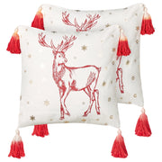 Set di 2 cuscini decorativi in cotone bianco rosso 45 x 45 cm Motivo natalizio Stampa renne Nappe Accessori Decorazione festiva