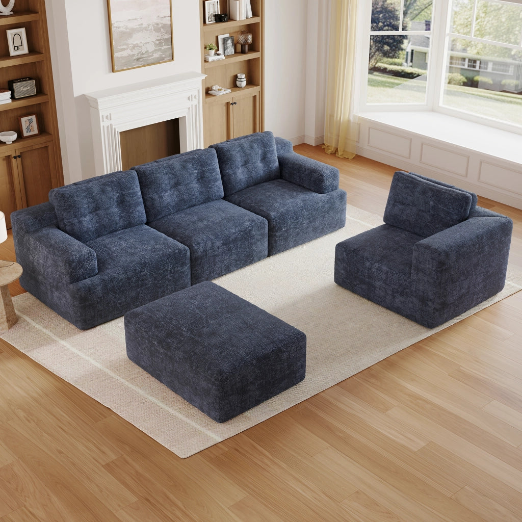 Divano modulare a U senza montaggio con schienale alto e cuscino, in ciniglia blu, 252 × 180 × 82 cm
