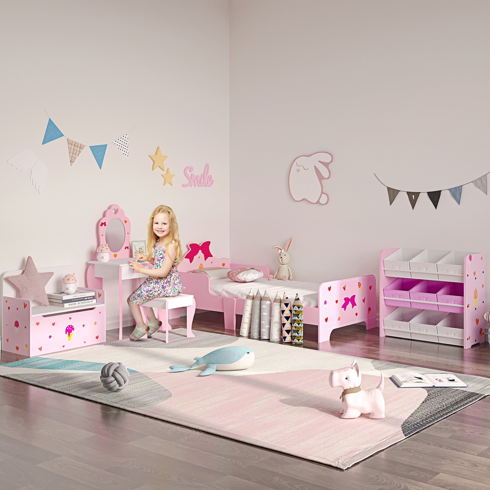 Letto per Bambini con Sponde 143x74x59 cm Fantasia Fiocco Rosa