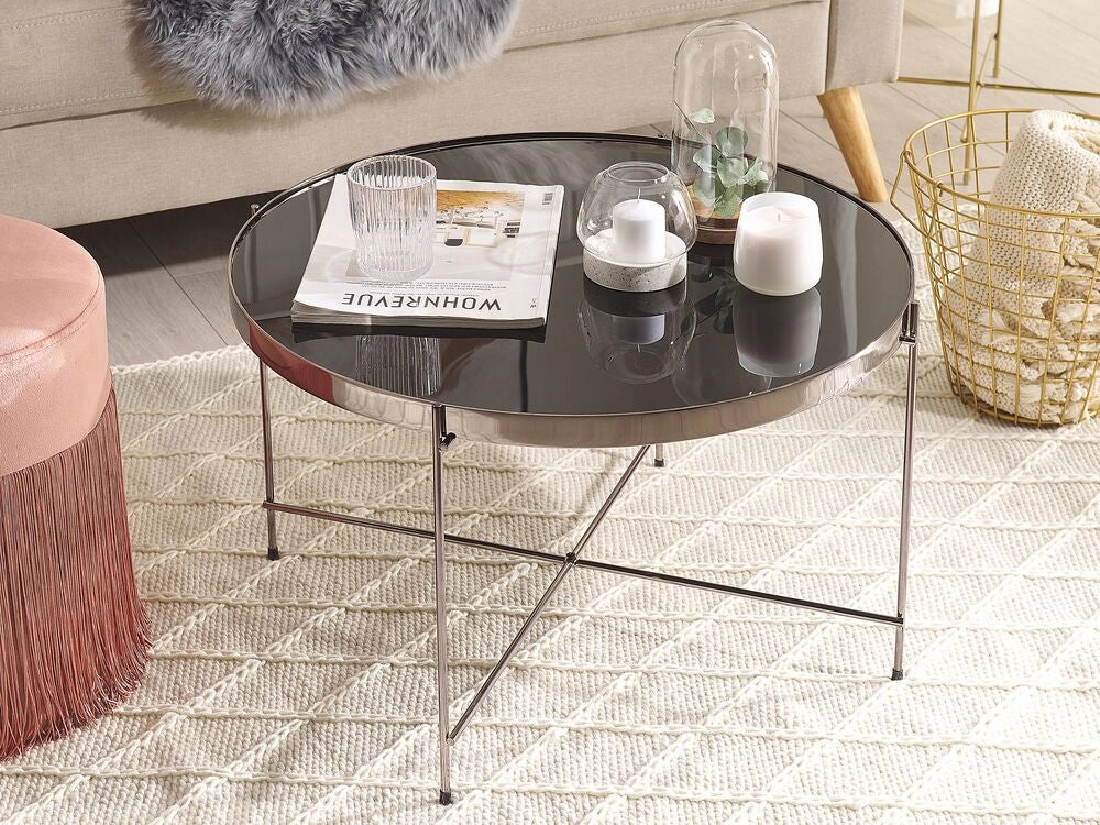 Tavolino Piano In Vetro Temperato Nero Gambe In Metallo Argento Tondo Glam Lucido