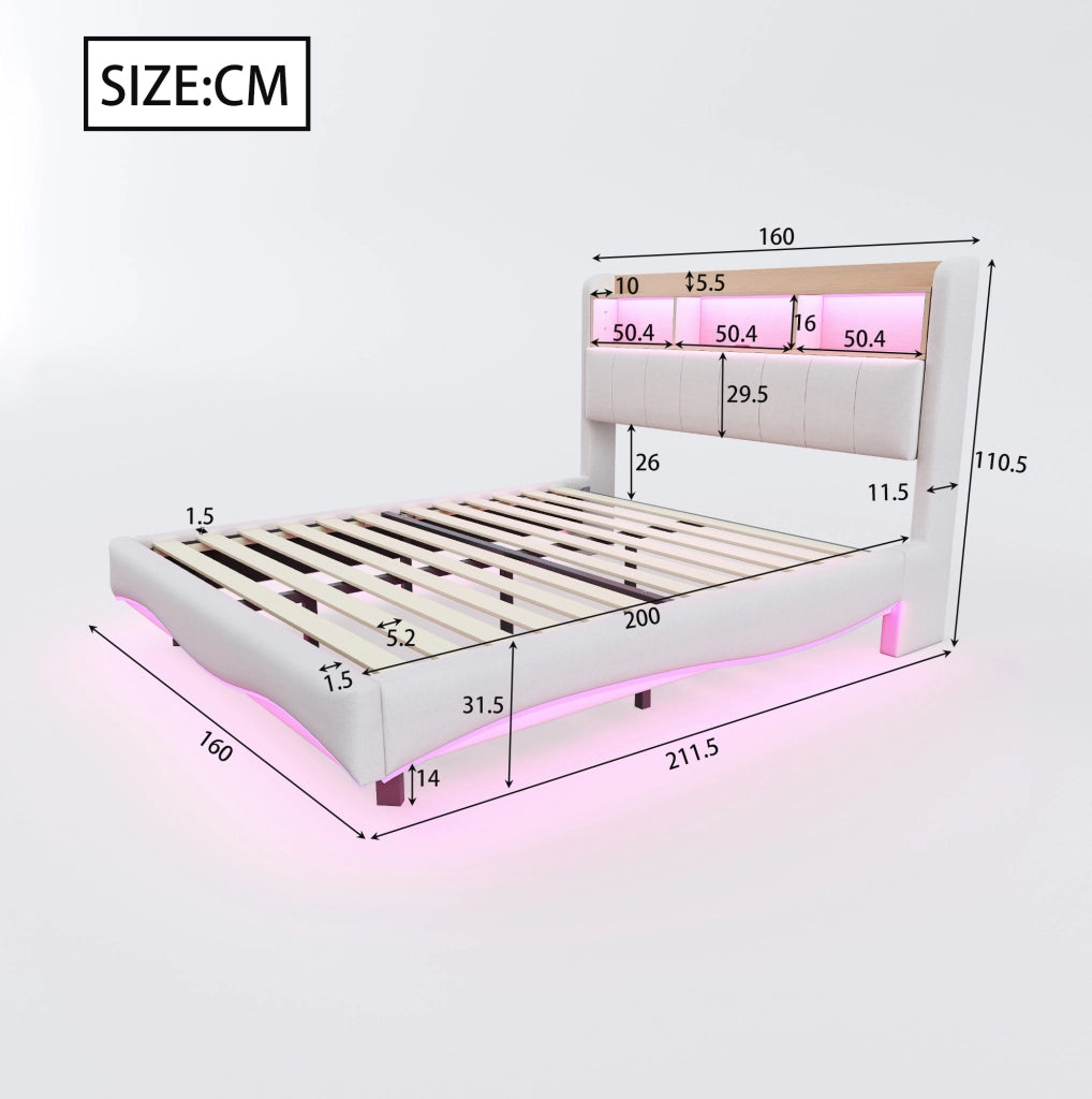 Letto imbottito sospeso 160x200 cm con LED; USB e Type-C; contenitore testiera; beige