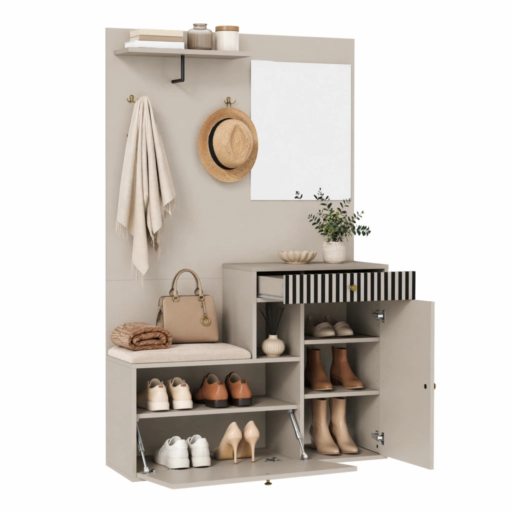Mobile ingresso con specchio; seduta imbottita; ripiani regolabili e ganci; 110 x 37 x 185;5 cm; beige e crema