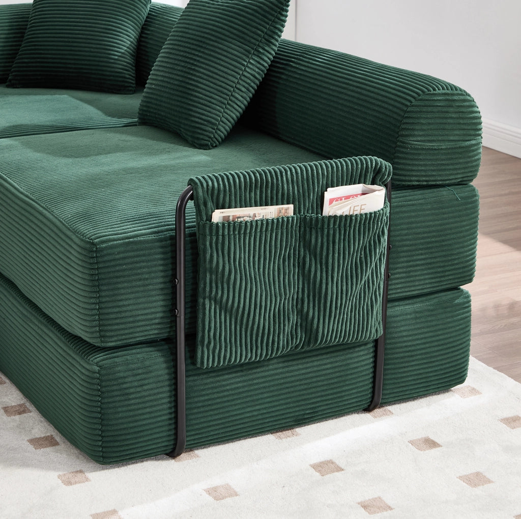 Divano modulare con tasca laterale e funzione letto 270x180x64 cm; velluto a coste verde smeraldo