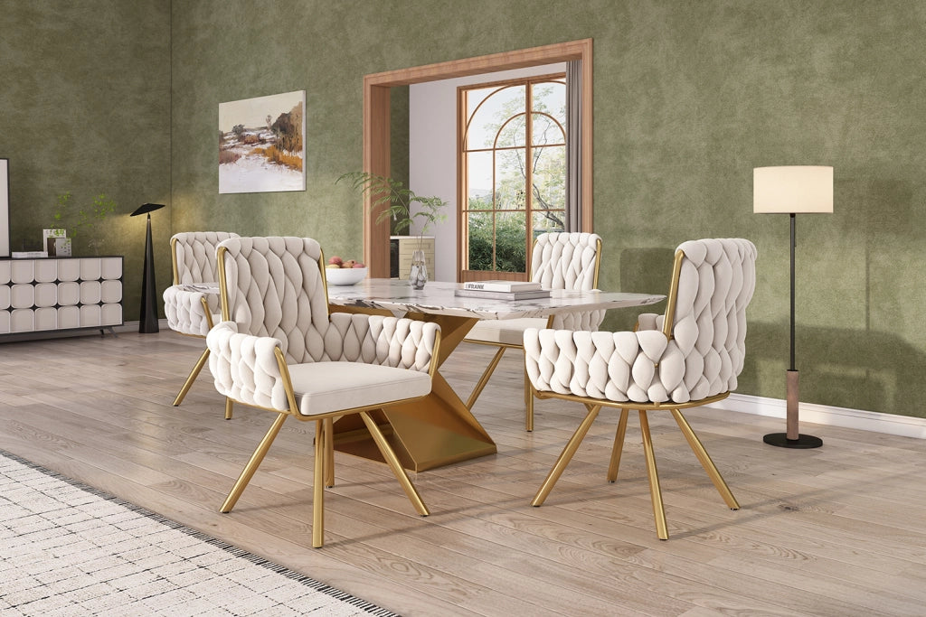 Set 2 sedie da pranzo girevoli in velluto beige con schienale alto, braccioli e struttura in metallo