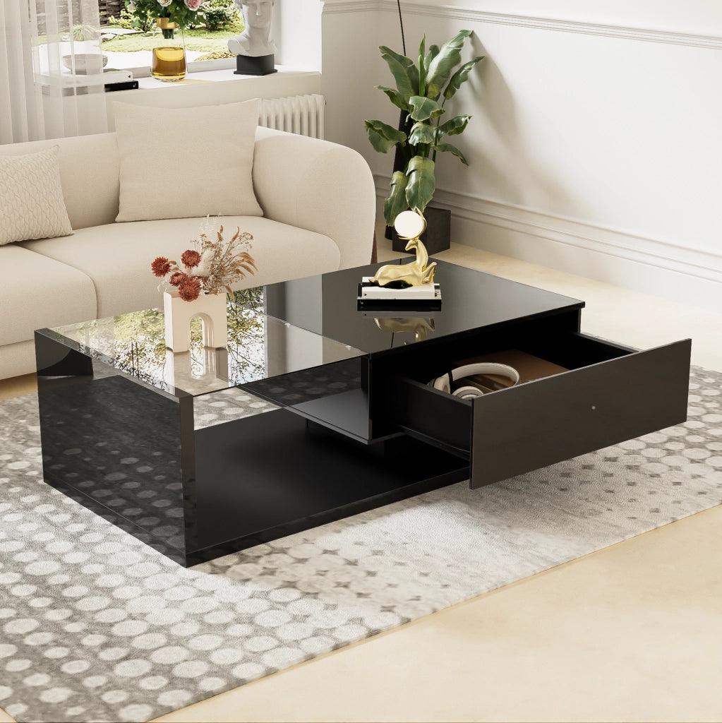 Tavolino da salotto moderno 105x55x32;5 cm in truciolare nero lucido con LED