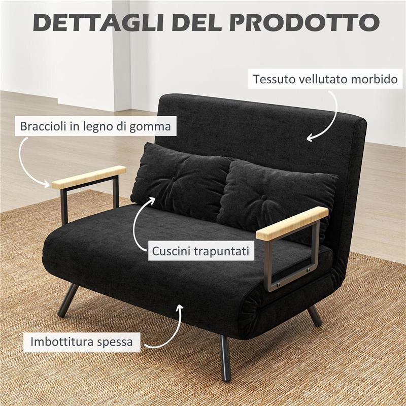 DIVANO LETTO 3 IN 1 IN TESSUTO EFFETTO VELLUTO CON SCHIENALE REGOLABILE E 2 CUSCINI 102X73X81 CM NERO