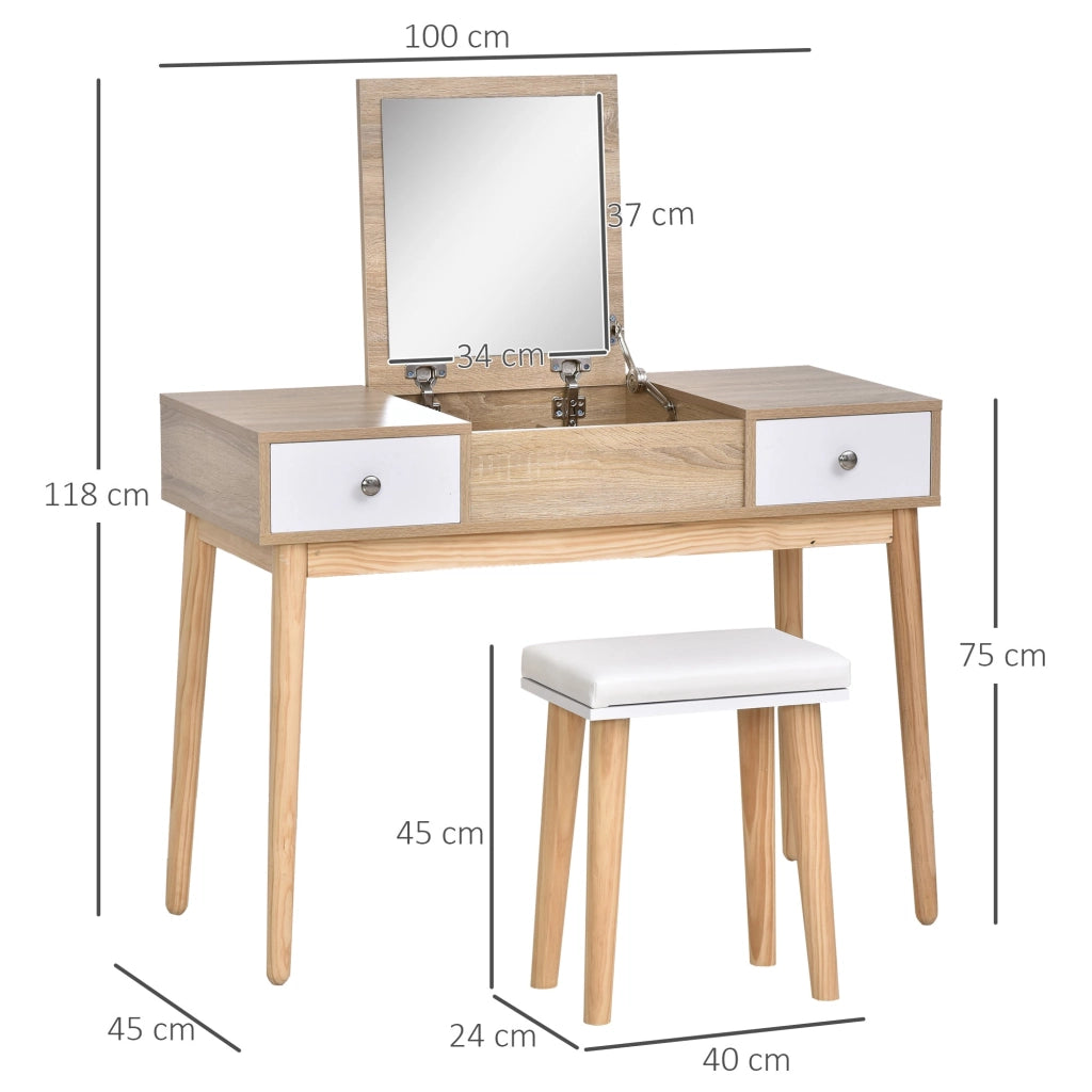 Consolle Trucco Moderna 100x45x118 cm con Specchio e Sgabello