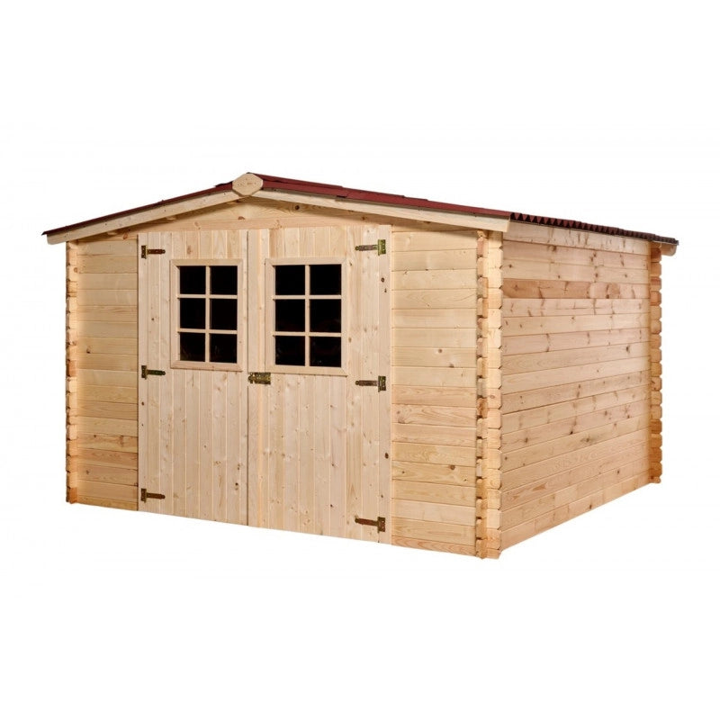 Casetta in legno da giardino doppia porta con vetro – 300x300 cm – tavole 28 mm, tetto bitumato rosso – MO3030.02N Foresta