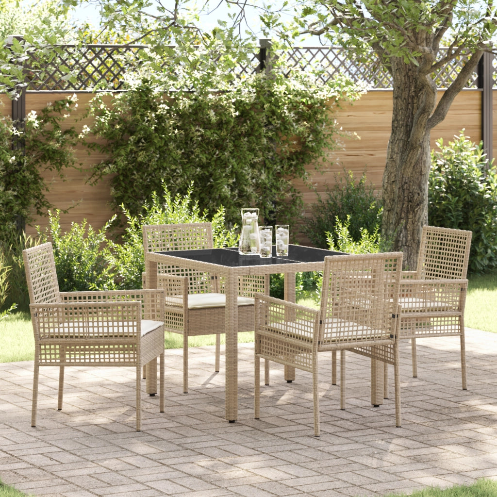 Set da Pranzo da Giardino a 5 Pezzi con Cuscini Beige in Polyrattan
