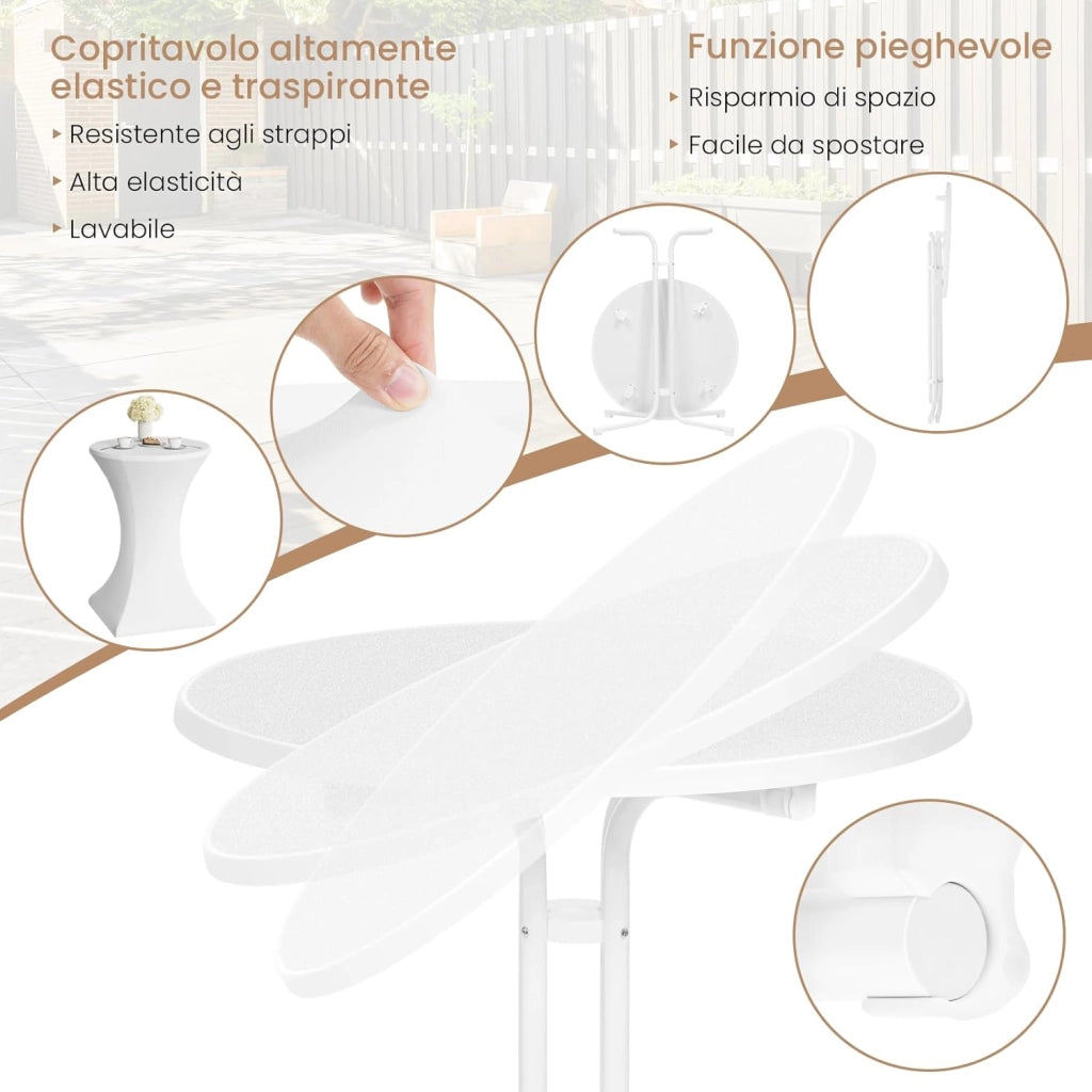 Tavolino da Bar Pieghevole Esterno Rotondo, Tavolo Alto con Copertura per Matrimonio Festa Compleanno, Piedini Regolabile, 80x110 cm, Bianco Opaco