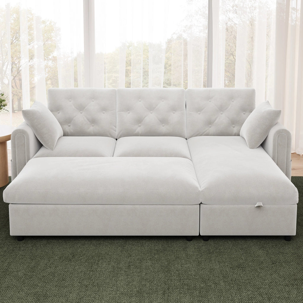 Divano beige con chaise longue e pouf contenitore