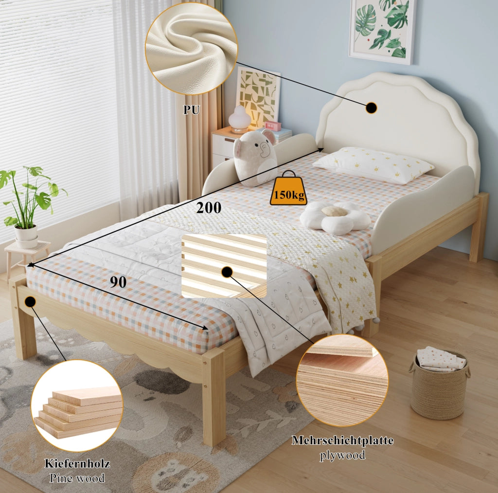 Letto singolo imbottito per bambini 90x200 cm beige