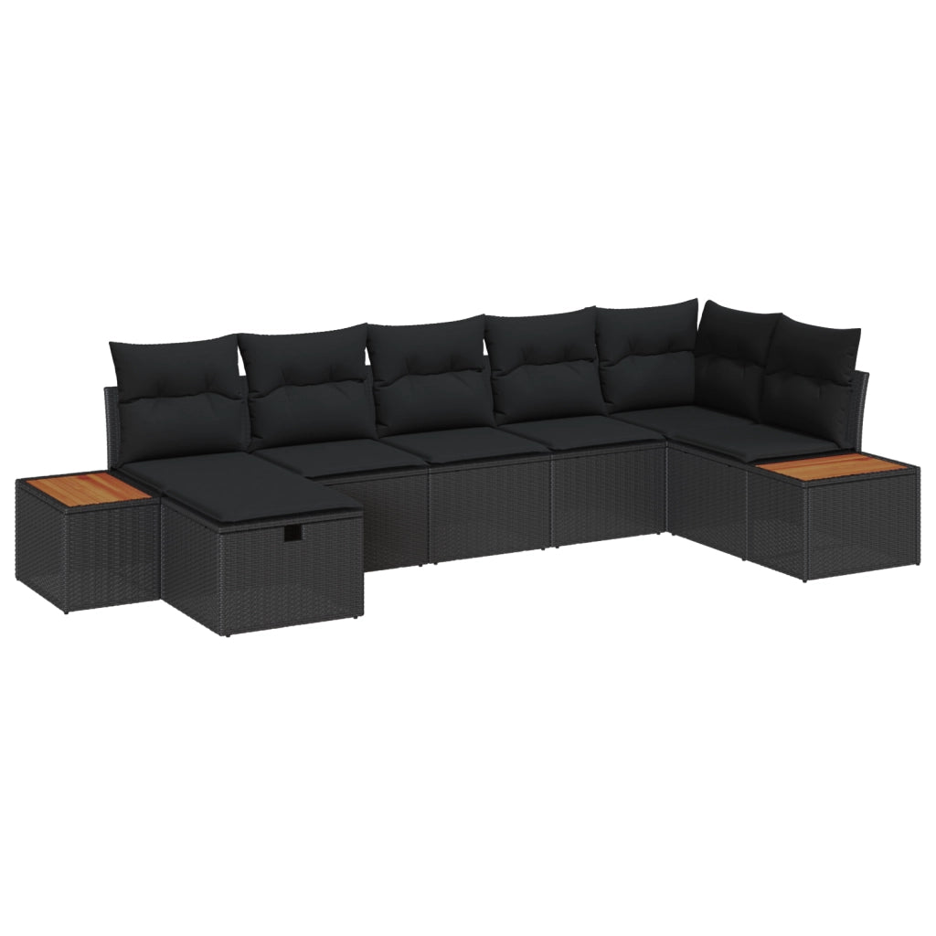 Set di Divani da Giardino a 7 Pezzi con Cuscini Neri in Polyrattan