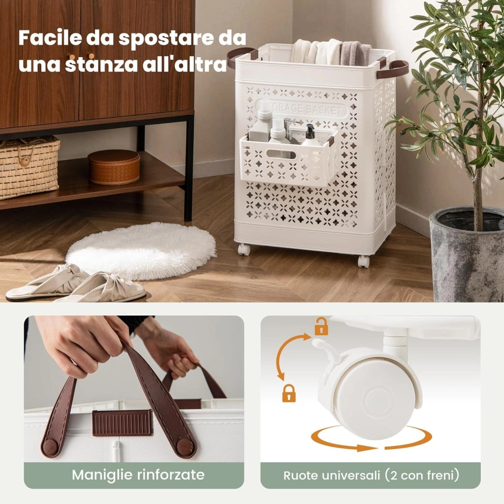 Cesto Portabiancheria Grande 75 L, Cesto in Plastica 43,5 x 34 x 61 cm con 4 Ruote e Cestino per Biancheria Intima e Maniglie, Borsa da Bucato, Bianco