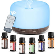 Diffusore Aromaterapico 500ml | Set di 6 olii essenziali da 10 ml | Umidificatori di aria con telecomando | Lampada LED a 7 colori | Funzione timer | Per uso in casa, ufficio e camera da letto