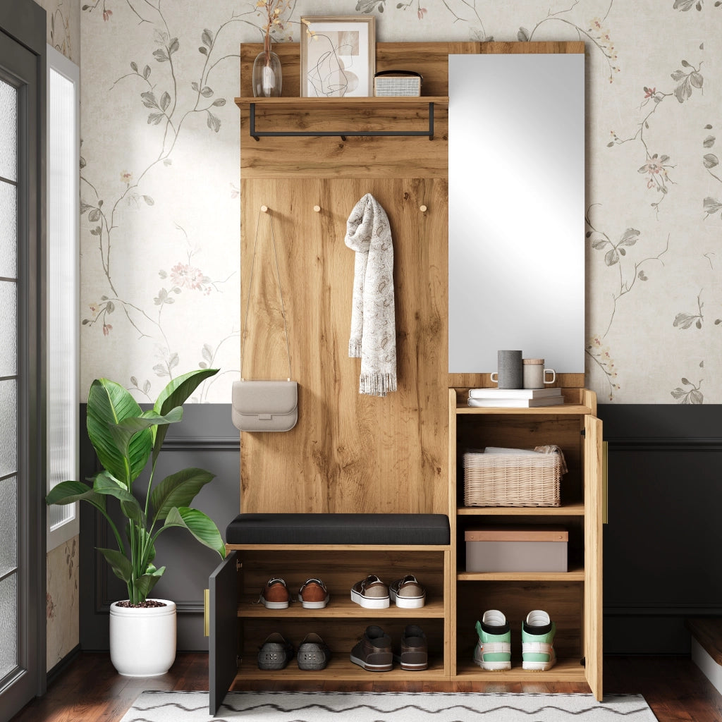 Mobile Ingresso con Specchio e Panca; Scarpiera con 1 Anta; Ganci e Ripiano; Stile Moderno; in Pannelli di Particelle; Nero e Rovere; 100??38??185 cm