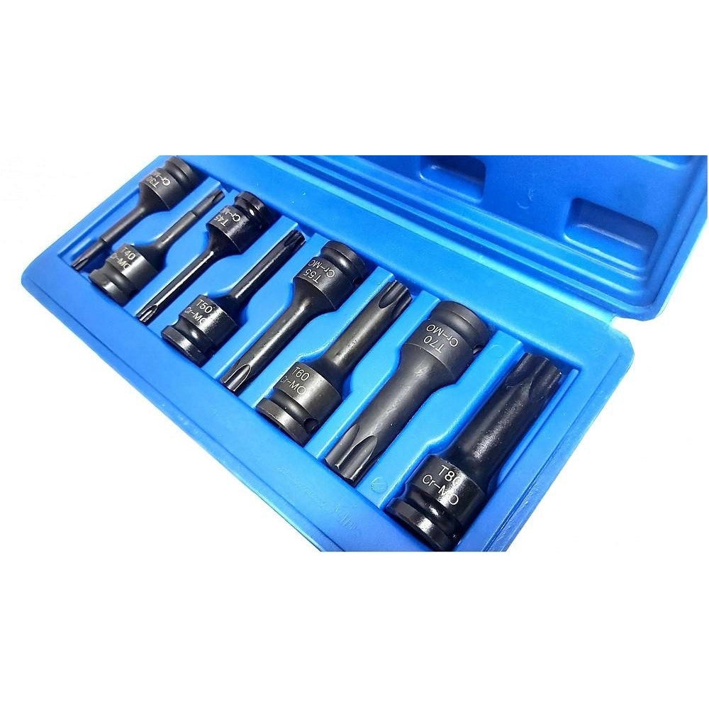 Trade Shop - Set 8 Pezzi Chiavi Bussole Torx Attacco 1/2" T30 T80 A Impatto Lunghe 78 Mm -