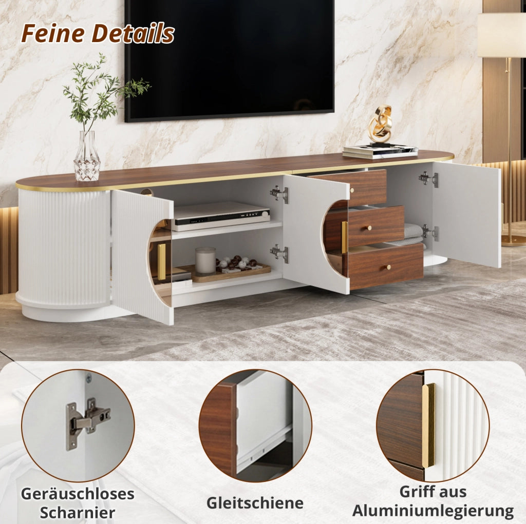 Mobile TV in MDF bianco 180 cm con 3 cassetti; 3 ante e vetro marrone